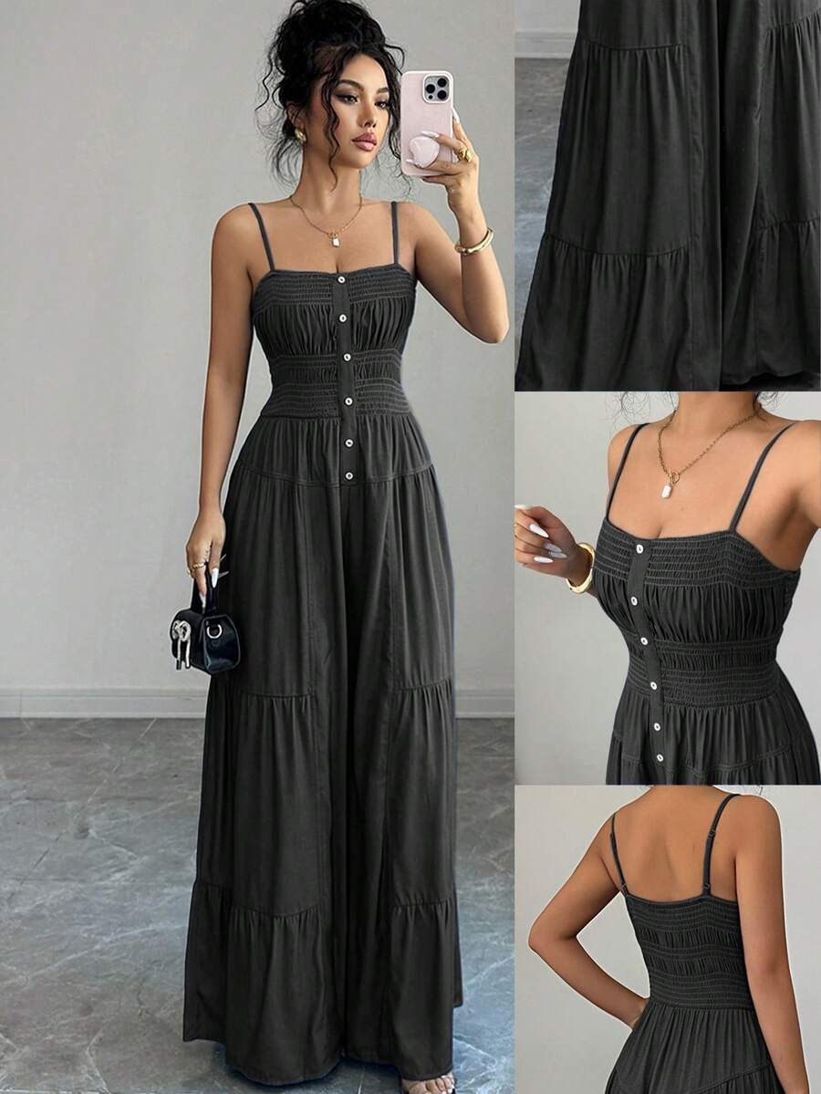 Elenzga Women's Solid Color Pleated Faux Denim Button Strap Sleeveless Ruffle Jumpsuit - Black - View 1