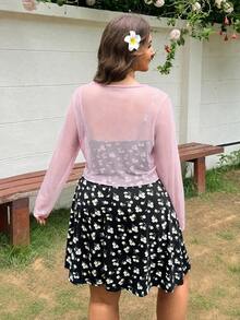 SHEIN EZwear 女款大尺碼秋季花卉印花洋裝與透視開襟衫兩件套，度假風淺粉色黑色性感秋季套裝 - 彩色 - 查看 2