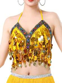 1PC Colorful Sequin Wrapped Belly Dance Costume, A Hanging Coin Stage Performance Dance Costume With Sequin Tassel Top - Multicolor - View 5