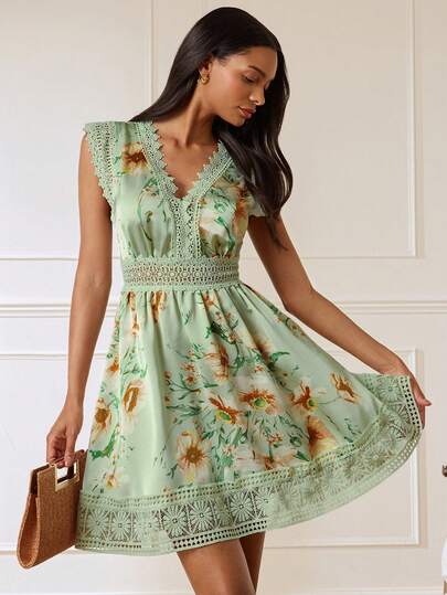 Lilora Vestido elegante de mujer con estampado floral y patchwork de encaje, moda de alta gama versátil y elegante, adecuado para ir al trabajo, salidas casuales diarias, reuniones, citas, fiestas, ocio, salidas, vacaciones, viajes de verano y viajes de vacaciones