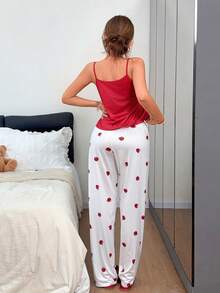 Napfluff Conjunto de pijama de mujer con top de tirantes y pantalones con estampado de manzana de dibujos animados - Multicolor - View 2