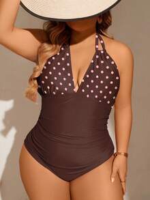 SHEIN Swim Curve Plus Size Women's Polka Dot Colorblock Halter One-Piece Swimsuit, Suitable For Beach Vacation, Pool Party, Beach Party - Brown - View 4
