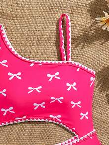 SHEIN Tween Girl Bow Print Shell Embroidery Cut-Out Fashion Jumpsuit For Pool, Party, Summer Vacation - Hot Pink - View 5