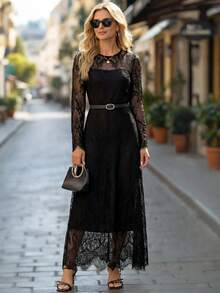 Editum Women's Round Neck Long Sleeve Lace Loose Long Dress Fall Women - Black - View 7