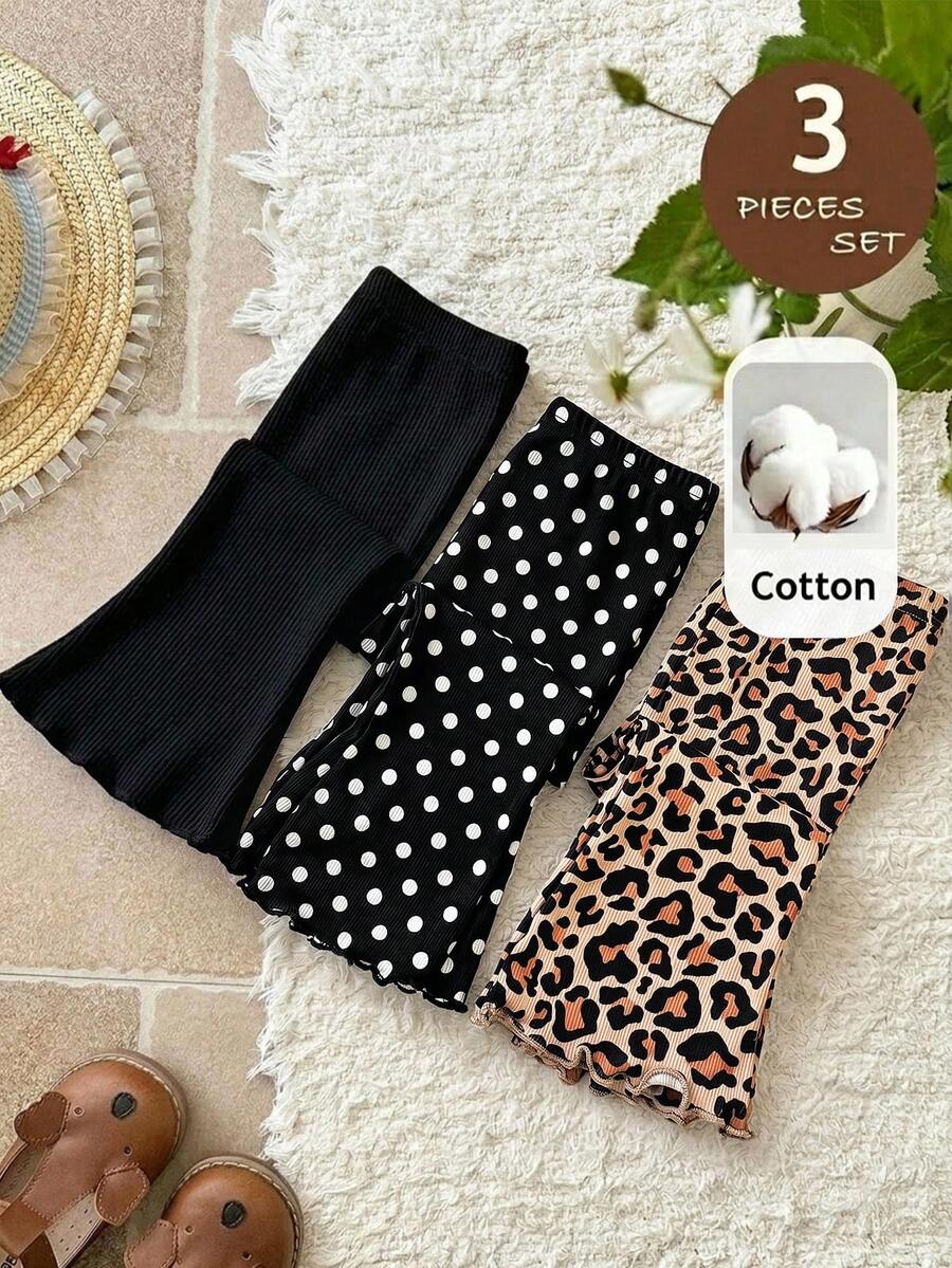 SHEIN Baby Girl Knit Leopard Print Polka Dot Pattern Elastic Waist Flare Long Pants 3pcs Set - Multicolor - View 1