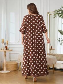 Al Najma Plus Size Women's Chiffon Flowy Round Neck 3/4 Sleeve Polka Dot Comfortable Elegant Romantic Arabian Dress - Coffee Brown - View 2