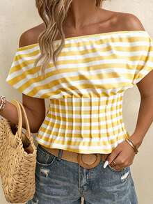 Travachic Pastel Yellow Off-Shoulder Waist-Cinching Women's T-Shirt Vacation Summer Sexy Tropical - Light Yellow - View 5