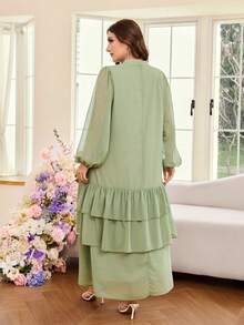 Al Najma Gaun Arab Wanita Ukuran Besar, Lengan Lentera, Longgar, Berkerut, Bahan Chiffon, Elegan, Romantis, Warna Polos, Musim Semi/Panas - Hijau - View 2