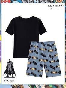 BATMAN X SHEIN GraphicGems 青少年男孩字母印花圓領短袖上衣與短褲套裝 - 灰色 - 查看 2
