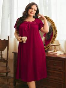 Côtesoire Comfortable Knitted Ribbed Casual Home Lace Patchwork Minimalist Long Loose Plus Size Nightgown - Burgundy - View 4