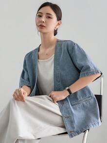 Dazy-Less 女款寬鬆休閒度假牛仔外套 夏季 - 藍色 - 查看 9