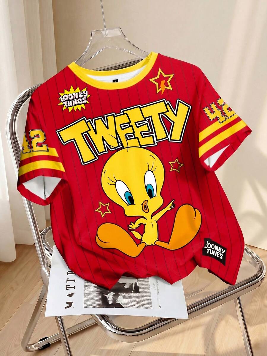 LOONEY TUNES X SHEIN 女士休闲时尚街头可爱卡通字母条纹印花短袖T恤,夏季 - 白色 - 查看 1