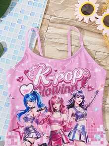 Tween Girls' Casual Colorful Pattern One-Piece Swimsuit, Suitable For Summer - Multicolor - View 3