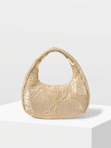 MOTF PREMIUM WOMEN'S FASHION APRICOT HANDBAG, EXQUISITE EMBROIDERED BEADED HALF-MOON BAG, SUITABLE FOR DAILY, DATING, SHOPPING, VACATION, TRAVEL - Apricot - View 3