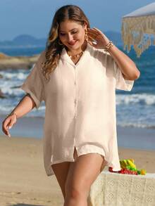 Swim Lushoire Quimono de praia para férias de mulher plus size, abotoadura simples, bainha assimétrica - Damasco - Ver 3