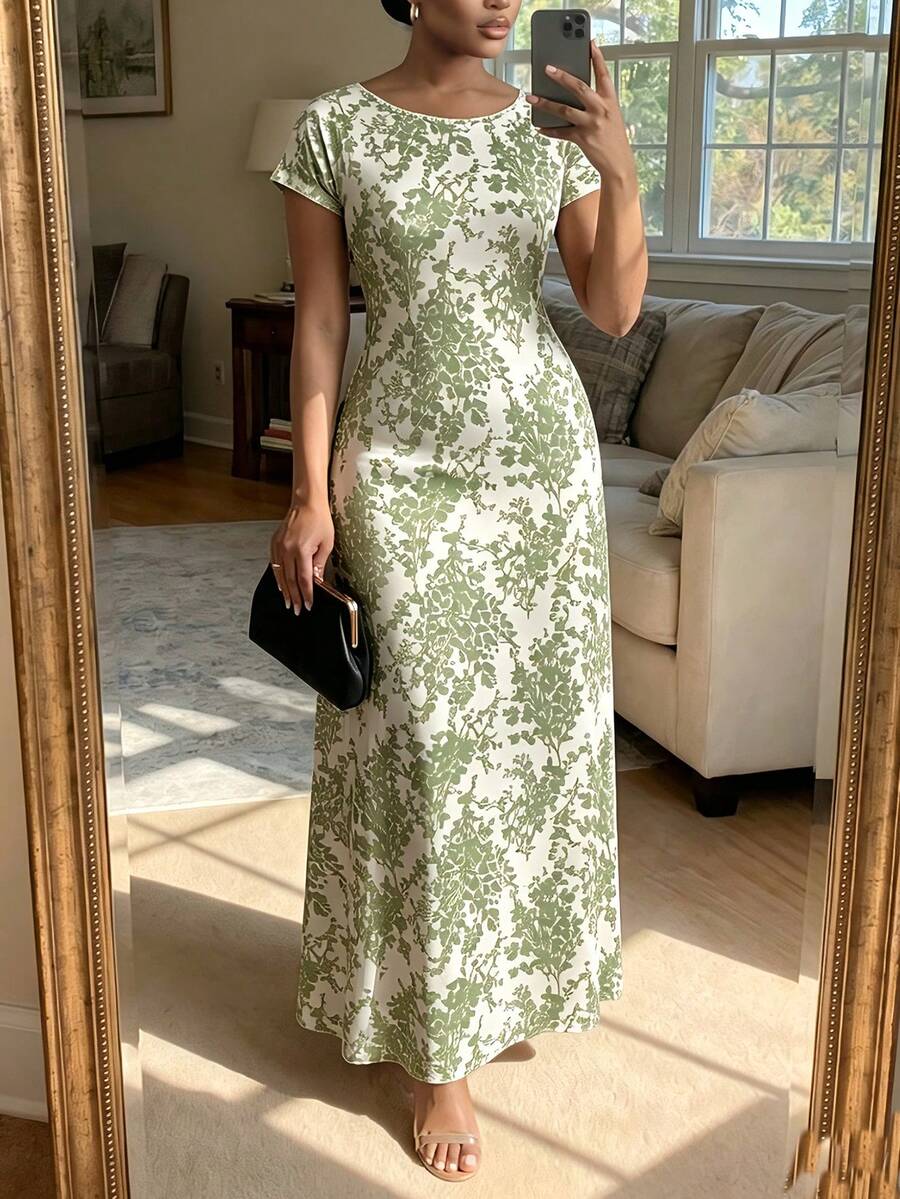 SHEIN Lady 夏季大码圆领短袖全印花优雅长裙 - 彩色 - 查看 1
