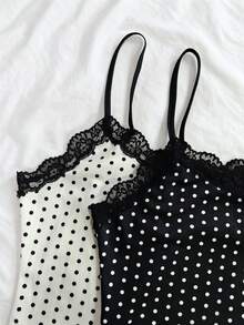 IslaSuriya 2pcs/Set Lace Trim Black & White Polka Dot Print Cami Dress - Black and White - View 3