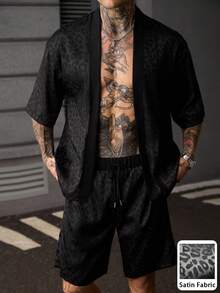 Genlund 男士日常成熟度假休閒外出必備風格豹紋紋理布料和服襯衫與短褲套裝，假期 - 黑色 - 查看 3