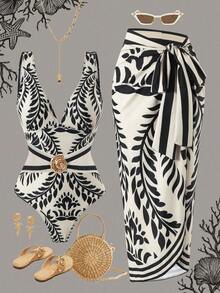 Swim Oasis Women's Elegant Black And White Botanical Print V-Neck One-Piece Swimsuit For Summer Beach Vacation With Beach Maxi Skirt - Multicolor - View 1