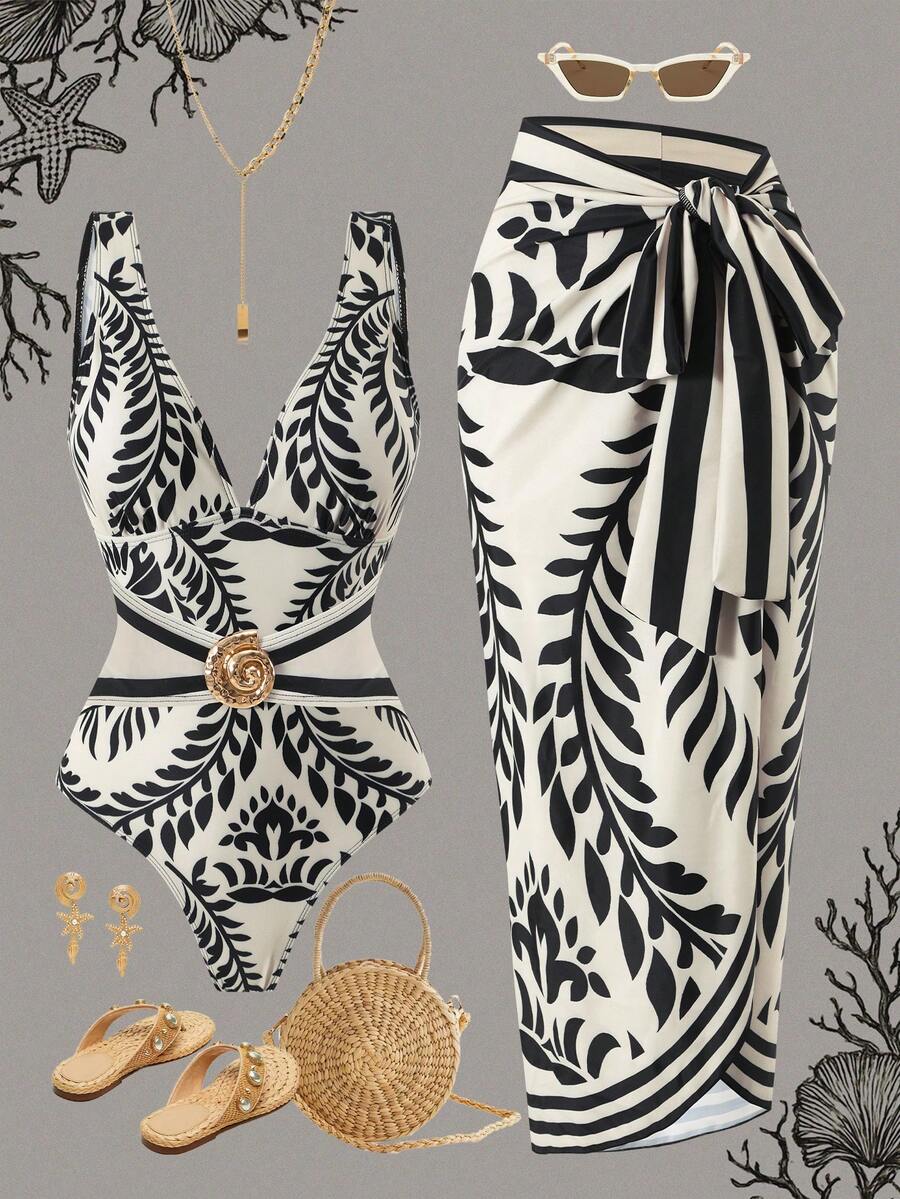 Swim Oasis Women's Elegant Black And White Botanical Print V-Neck One-Piece Swimsuit For Summer Beach Vacation With Beach Maxi Skirt - Multicolor - View 1