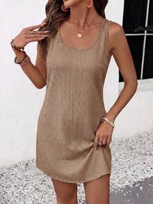 EMERY ROSE Women's Summer Solid Color Textured Round Neck Sleeveless Dress - Brown - View 6