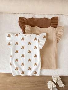 SHEIN Kaos Lengan Pendek Leher Bulat Motif Bunga Ditsy Bohemian, Garis-garis Ungu Lembut, Pola Pita 3D, Kasual, Sederhana, Serbaguna untuk Anak Perempuan, 1 buah, Cocok untuk Musim Semi - Coklat - View 2