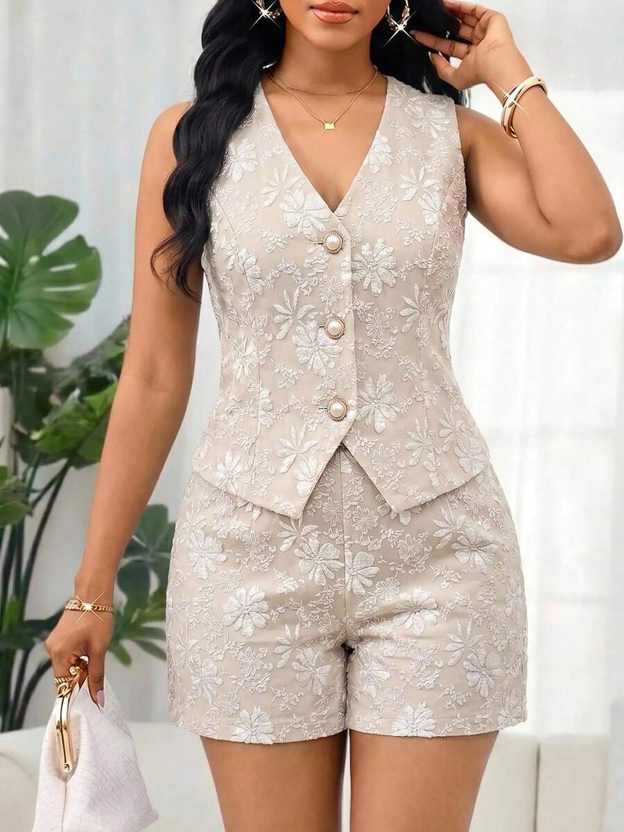 SHEIN Lady 女款夏季優雅通勤提花背心短褲兩件組