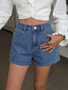 DAZY Spring/Summer Women's Casual Solid Color Washed Shorts - Medium Wash - View 4
