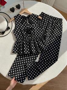 SHEIN Teen Girl Polka Dot Print Ruffle Hem Tank Top And Pants Set - Multicolor - View 5