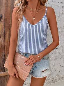 SHEIN Clasi Casual Minimalist Blue Faux Texture Striped All-Over Print Pattern V-Neck Loose Camisole Suitable For Summer - Multicolor - View 6