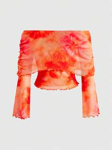 ROMWE Avant Women's Floral Print Off-Shoulder Bell Sleeve Fashion Top - Orange - View 2