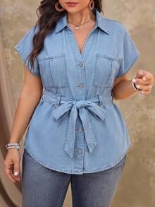 SHEIN Plus Size Women's Non-Stretch Denim Top , Cowboy For Women - Light Wash - View 2