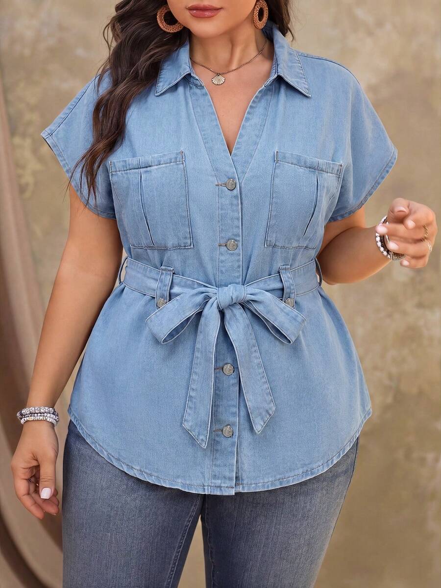 SHEIN Plus Size Women's Non-Stretch Denim Top , Cowboy For Women