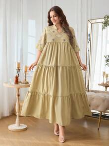 Al Najma Embroidered Pattern 3/4 Sleeve Loose Elegant Flared Hem Comfortable Daily Elegant Traditional Plus Size Women's Turkish Long Shirt Arabic Traditional Long Shirt - Mustard Yellow - View 3