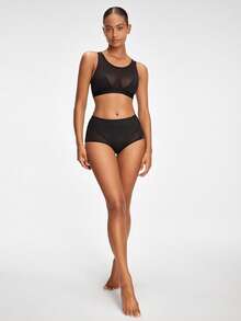 SHAPORA Women's Mesh Contrast Round Neck Sleeveless Top And Bottom Shapewear Set - Black - View 4