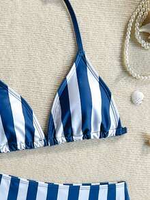 SHEIN Teen Girls Red Striped Pattern Print Bikini Set Simple Swimsuit Beach Vacation Outfit Suitable For Summer - Navy Blue - View 3