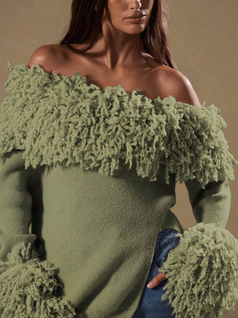 Green Textured Shaggy Knit Off The Shoulder Jumper
