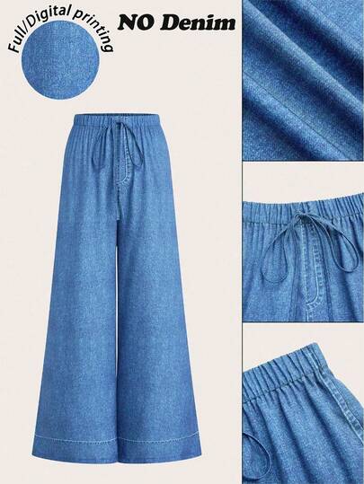 EMERY ROSE Plus Size Women's Blue Everyday Smart Casual Pants,Autumn Summer Lightweight Draping Knotted Tie Straight Leg Casual Pants For Commute