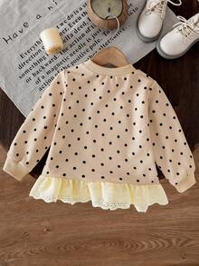 SHEIN Sweatshirt Bayi Perempuan Modis dengan Bordir dan Hiasan Renda di Bagian Bawah - Aprikot - View 2