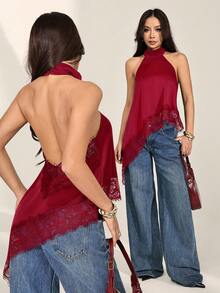 SHEIN PETITE 女款蕾絲飾邊掛脖休閒百搭日常外出上衣 - 紅色 - 查看 6