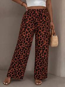 SHEIN VCAY Plus Size Women's Vacation Casual Loose All-Over Leopard Print Wide Leg Long Pants - Orange - View 5