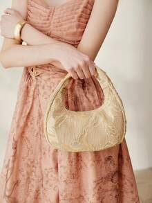 MOTF PREMIUM WOMEN'S FASHION APRICOT HANDBAG, EXQUISITE EMBROIDERED BEADED HALF-MOON BAG, SUITABLE FOR DAILY, DATING, SHOPPING, VACATION, TRAVEL - Apricot - View 8