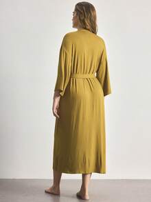 Ocili Comfortable Soft Minimalist Long Sleeve Plus Size Robe - Mustard Yellow - View 3