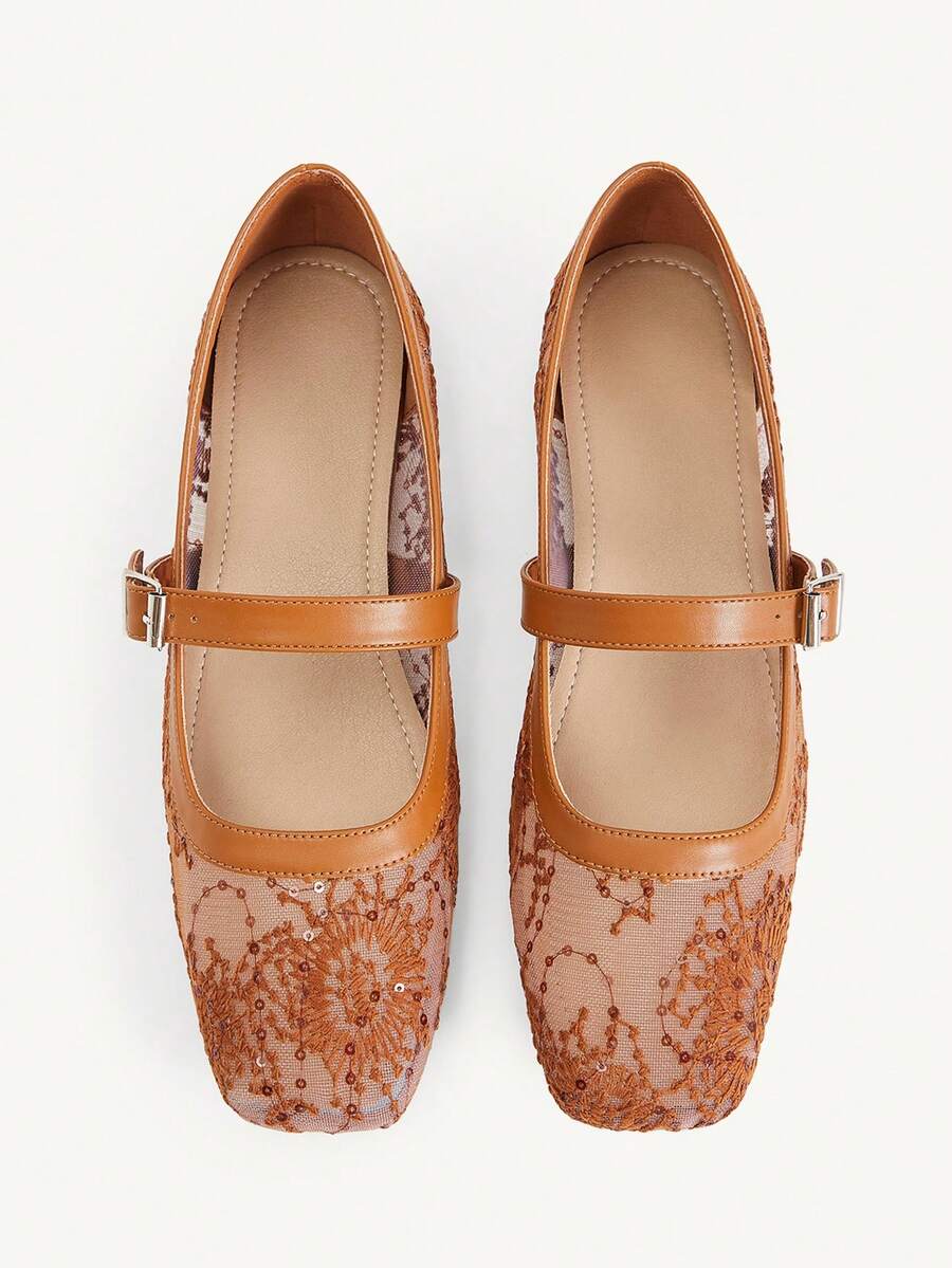 CUCCOO CHICEST Spring And Summer New Brown Lace Mesh With Women's Flat Shoes Fashionable And Elegant Versatile Commuter Low Vamp Fashion Summer Breathable Mesh Ma - Fireworks net H8 brown - View 1
