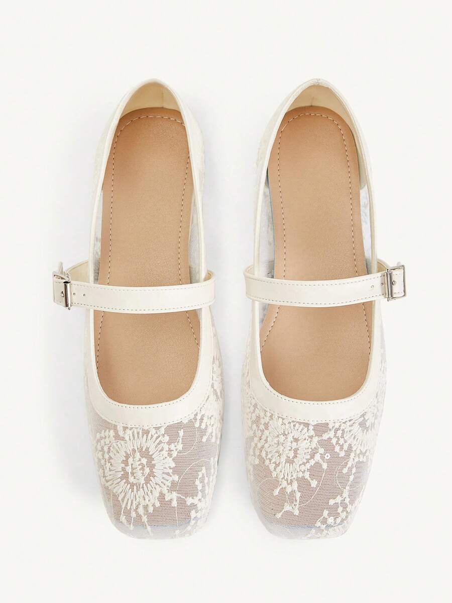 CUCCOO CHICEST Spring And Summer New Low Vamp Beige Lace Mesh Yarn With Flat-Soled Shoes, Fashionable And Elegant Commuting Versatile Mary Jane Women's Shoes - Fireworks net beige 2 # - View 1