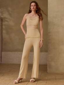 MOTF 2PCS LACE PATCHWORK SPAGHETTI STRAP KNIT TOP AND PANTS SET - Beige - View 4