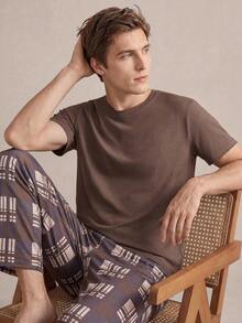 EverLounge Men's Solid Color Short Sleeve Top And Plaid Long Pants Loungewear Set - Coffee Brown - View 1