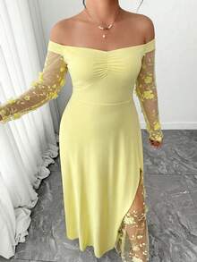 Elenzga Women's Fashion Elegant Romantic Off-Shoulder Shawl Heavy Mesh 3D Embroidered Slit Knit Dress - Yellow - View 3