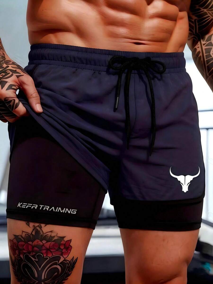Gym Rark Quần short thể thao nam mùa hè in chữ 2 trong 1, tập gym và hoạt động ngoài trời - Màu xanh hải quân - Xem 1