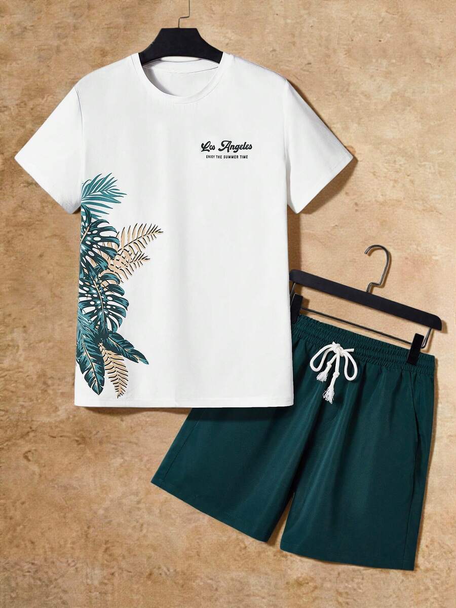 Manfinity RebelGame Men's Plus Size Letter Print Short Sleeve T-Shirt And Shorts Casual Tropical Set Vacation White Dark Green Summer - Multicolor - View 1